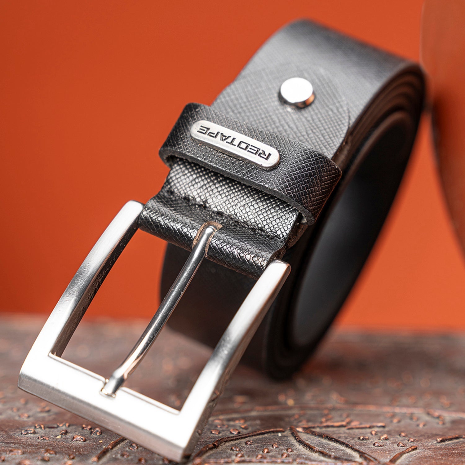 Men's Black Textured Leather Belt Redtape - Main Image