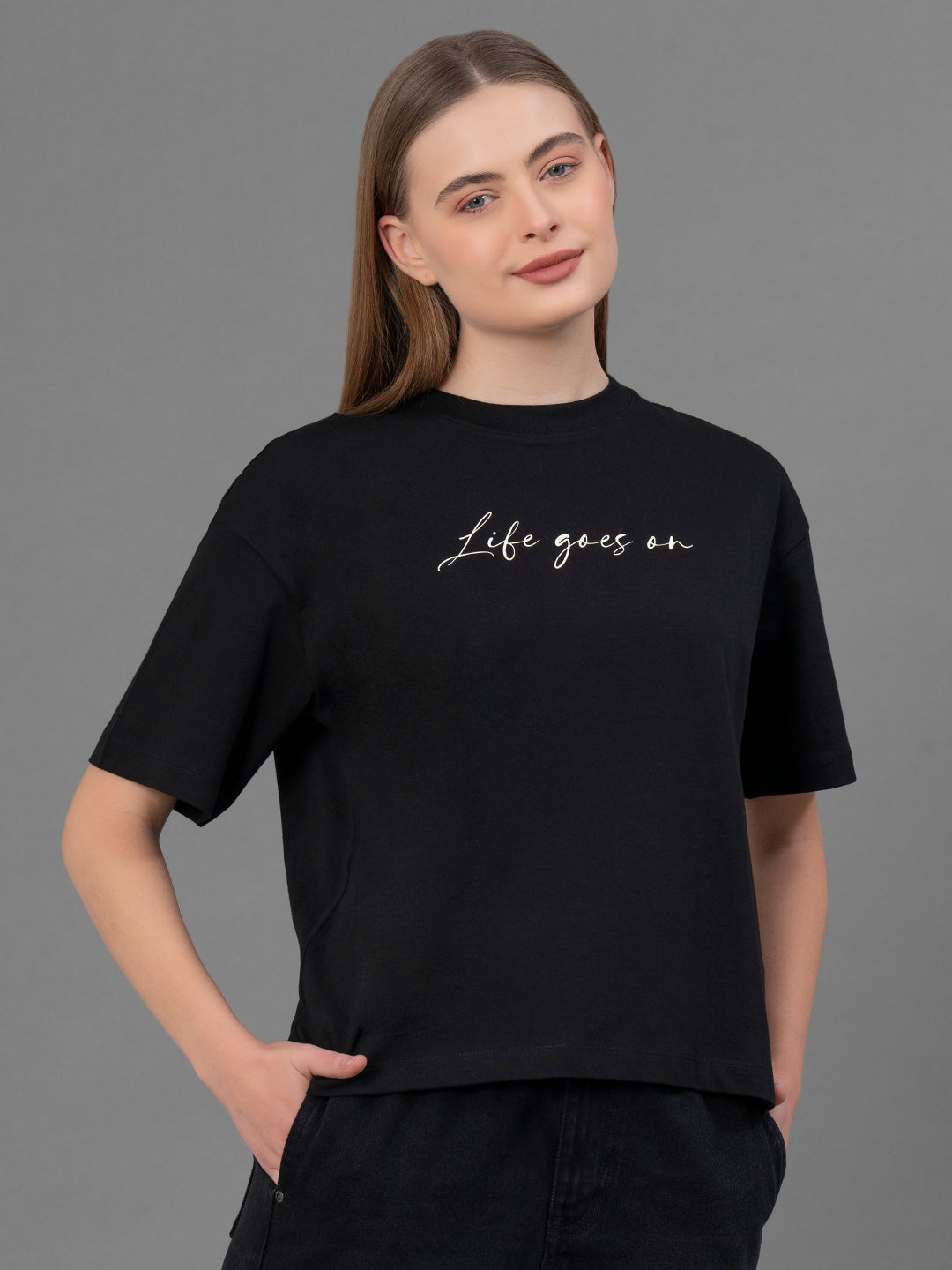 Red Tape Black Graphic T-shirt for Women Comfortable Durable