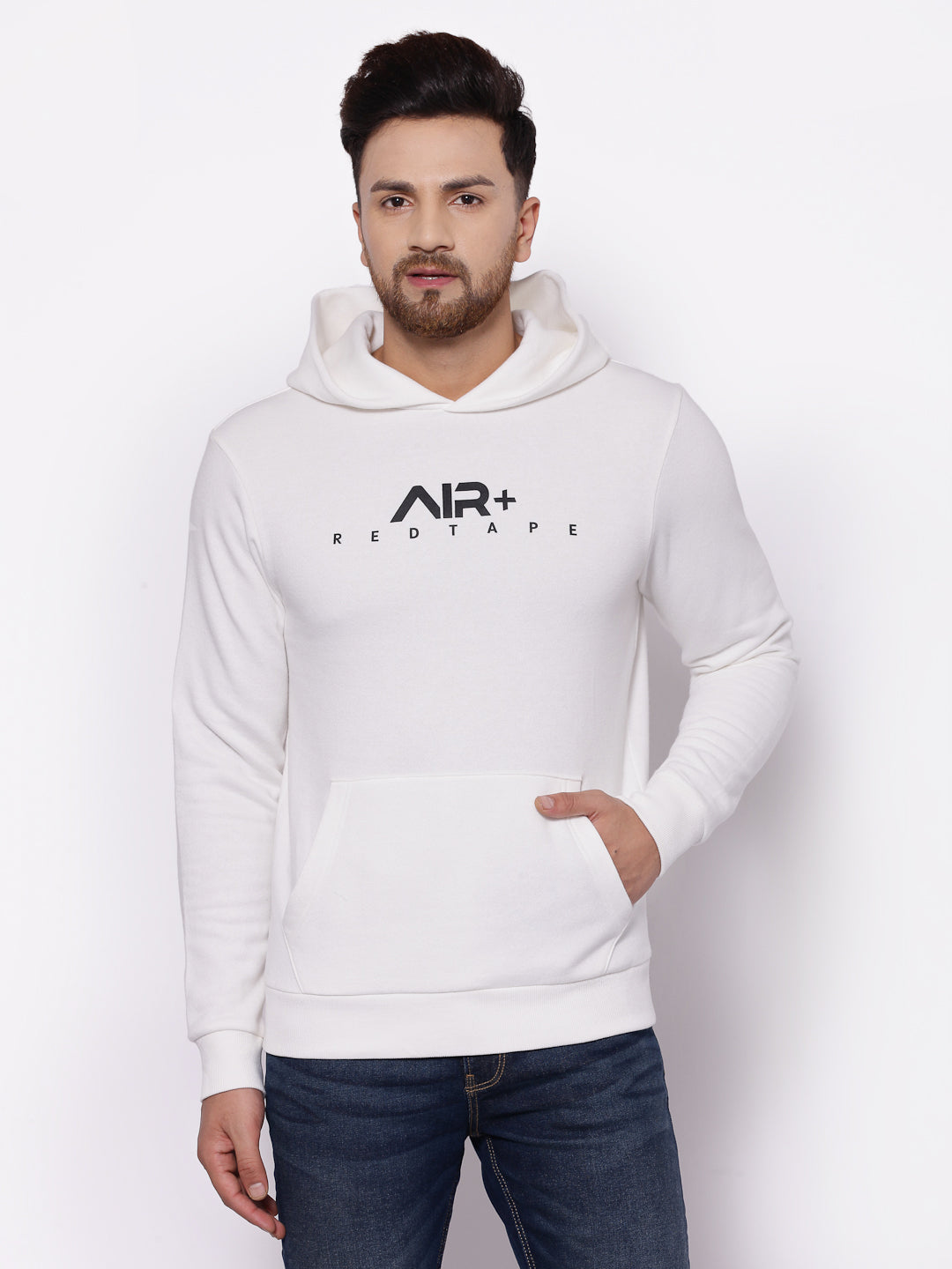 Red Tape Men's Typographic Bright Off White Hoodies Redtape