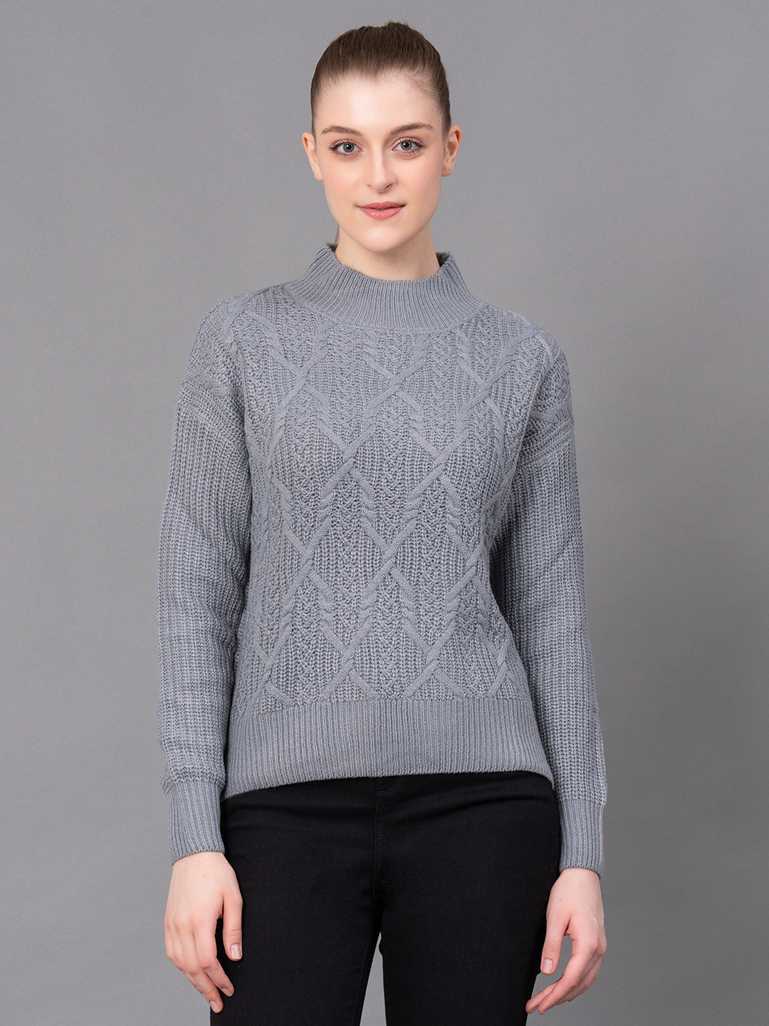 Grey Acrylic Self Design Women's Sweater