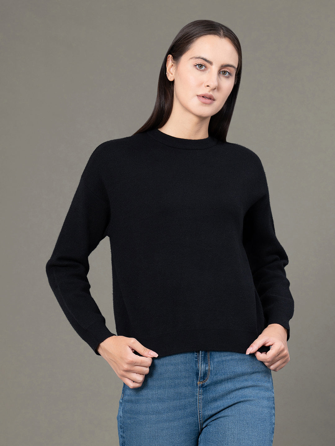 Women's Black Poly Viscose Nylon Solid Sweater