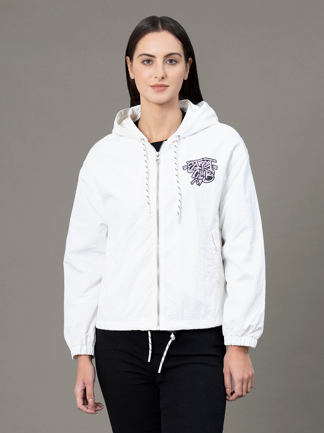 Red Tape Printed Windcheater for Women | Hooded & Water Resistant