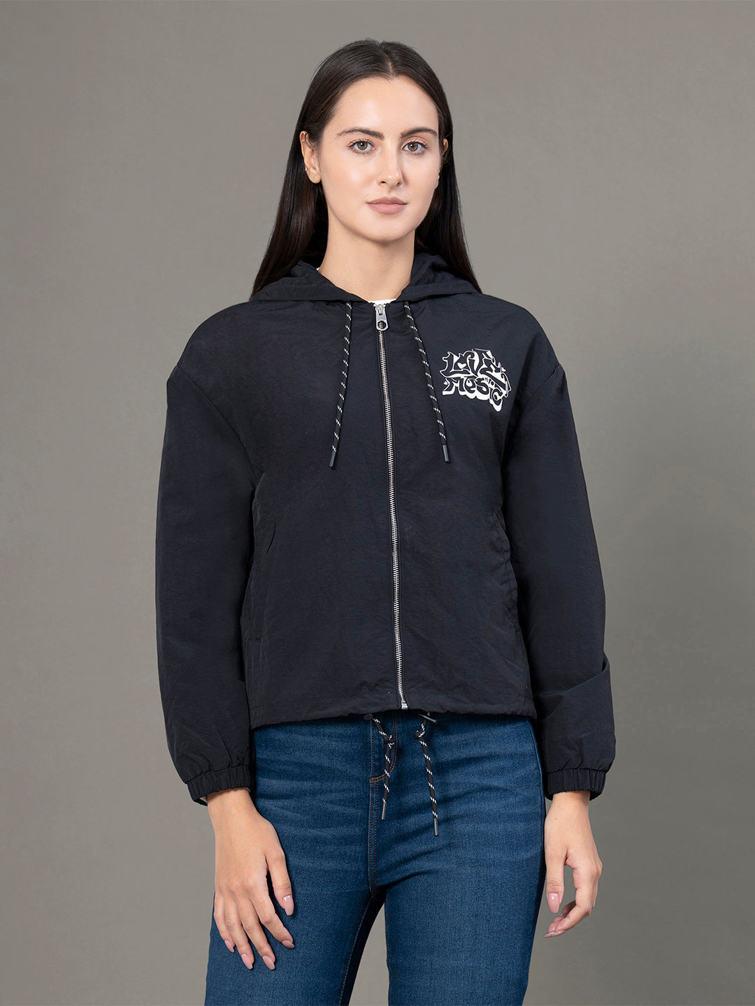 Red Tape Printed Windcheater for Women | Hooded & Water Resistant