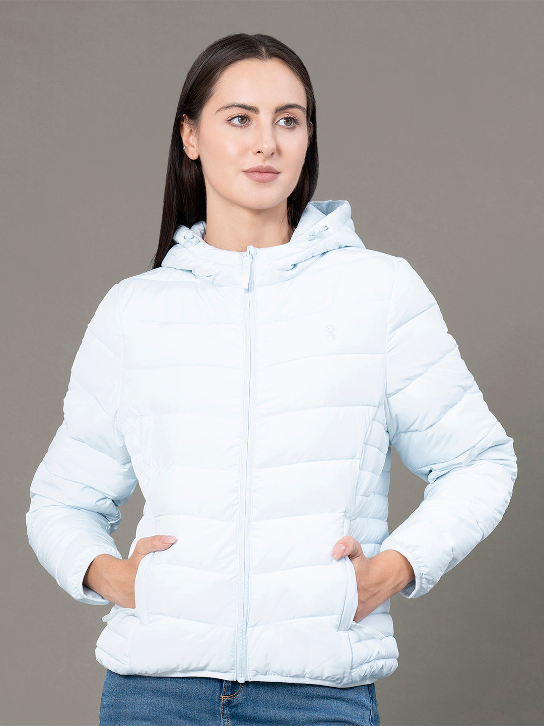 Women's Sky Blue Polyester Solid Hooded Padded Jacket