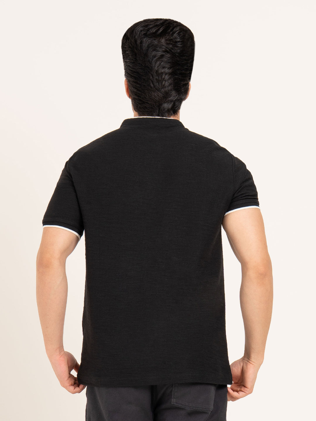 T-Shirts for Men in Black | Structured Texture Half Sleeve Henley T-Shirt