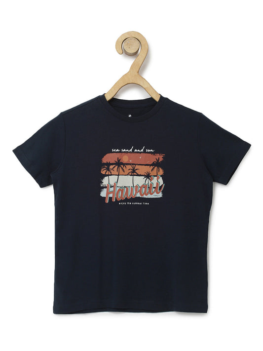 Boys Navy Printed Pure Cotton T-Shirt