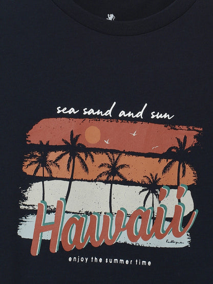 Boys Navy Printed Pure Cotton T-Shirt