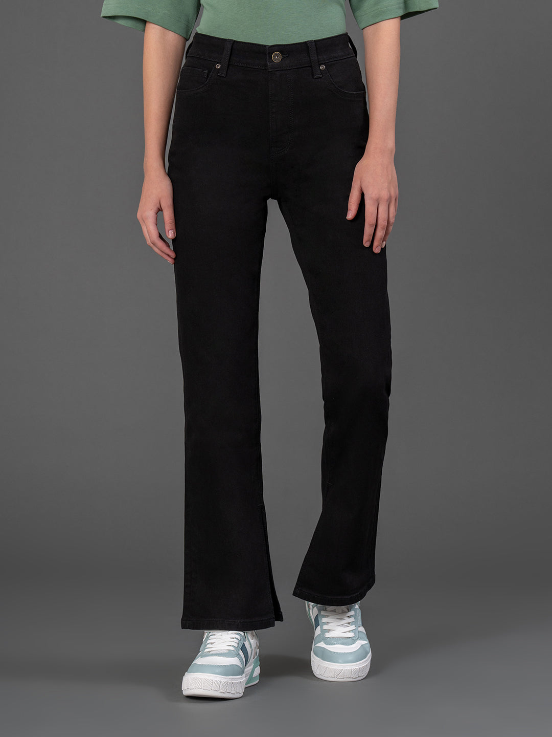 Solid Slit Straight Leg Jeans for Women Redtape - Main Image