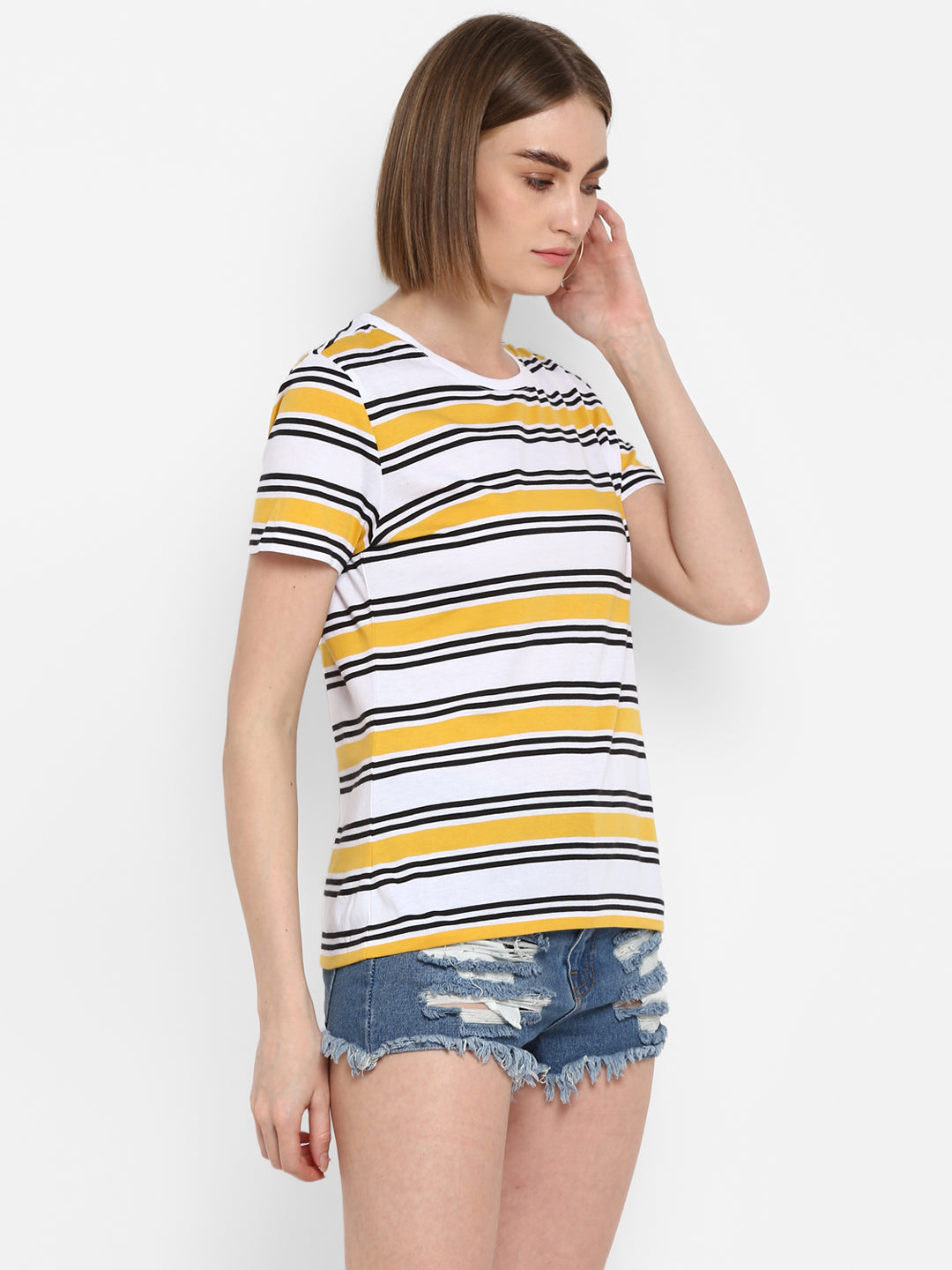 T-Shirt for Women in Yellow | Cotton Round Neck Striped T Shirt
