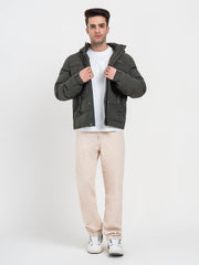 Men's Hooded Winter Olive Jacket | White Utility Comfort