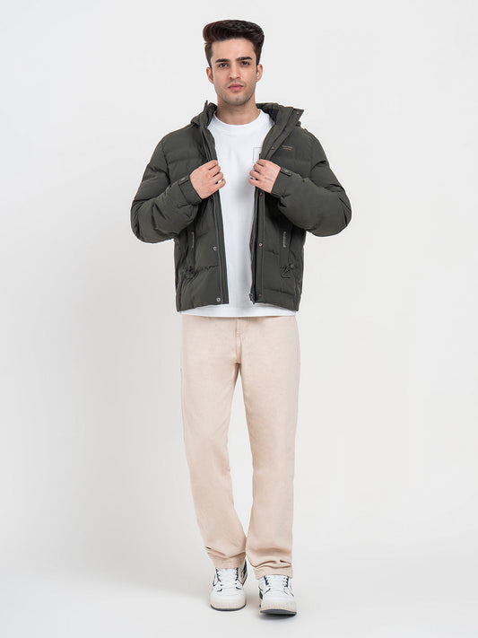Men's Hooded Winter Olive Jacket | White Utility Comfort
