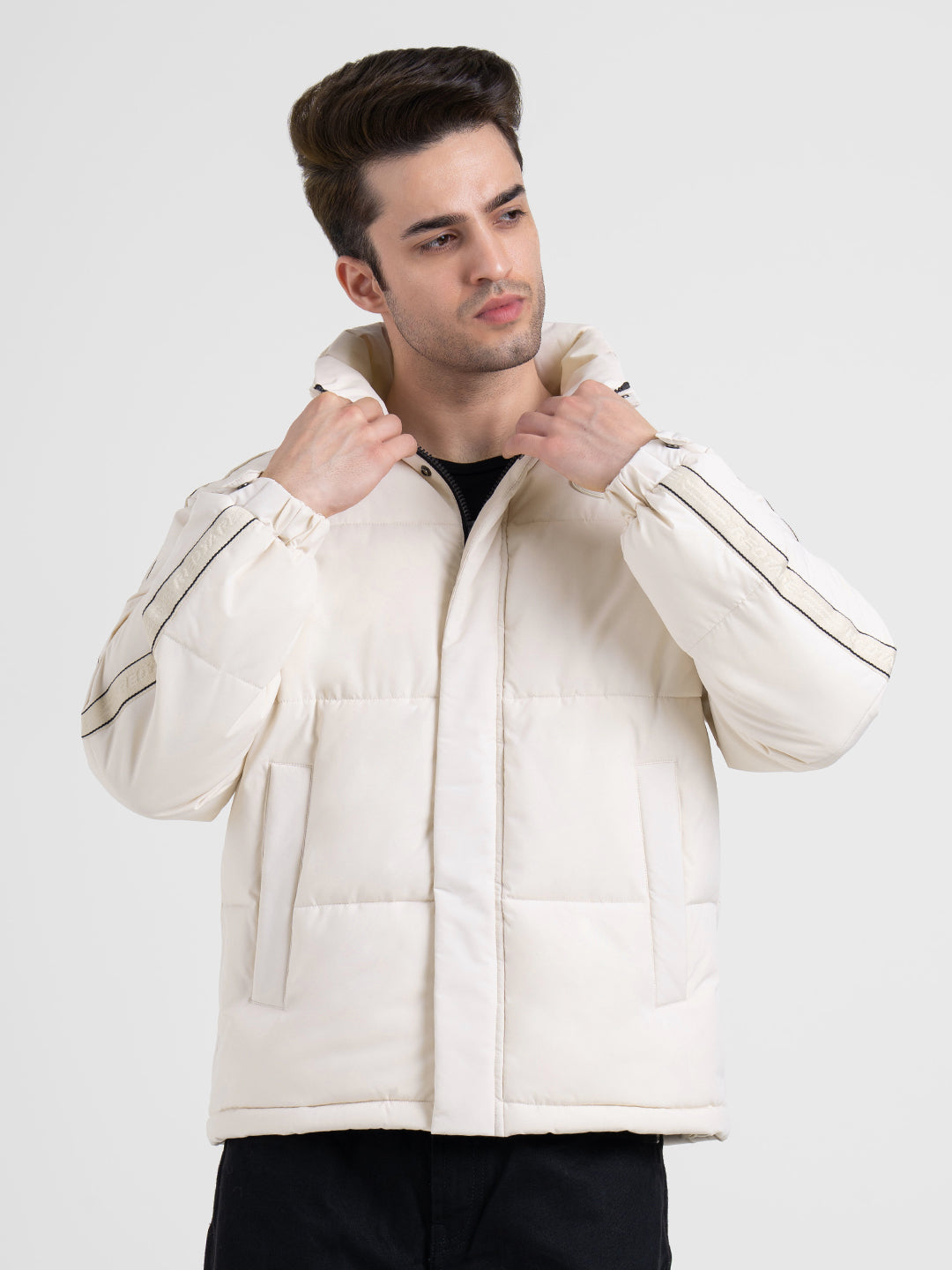 Cream Padded Jacket For Men | Full-Sleeve Light Weight Winter Protection
