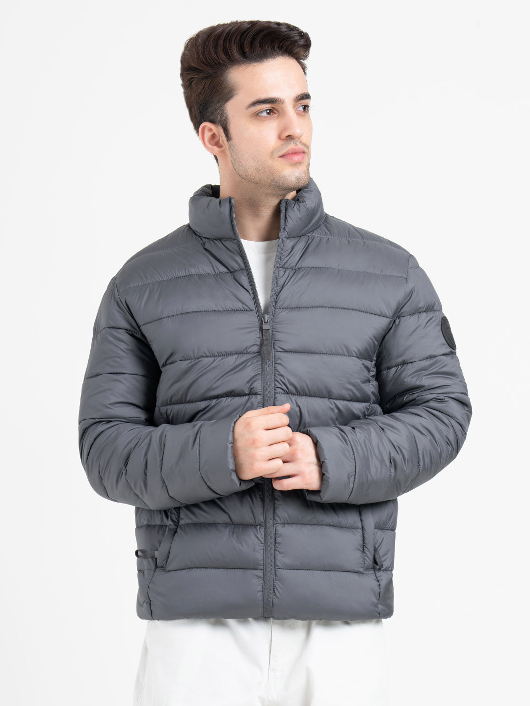 Stone Grey Puffer Heatseal Jacket | Full-Sleeve ,Straight Quilted