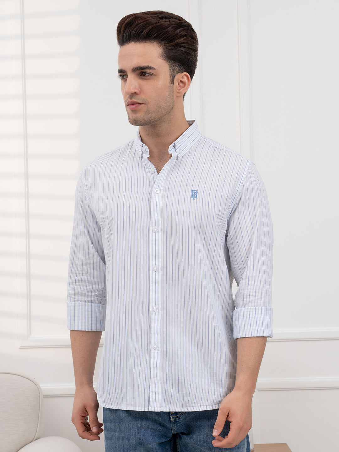 Men's Twill Shirt | Blue Striped Casual Comfort Wear