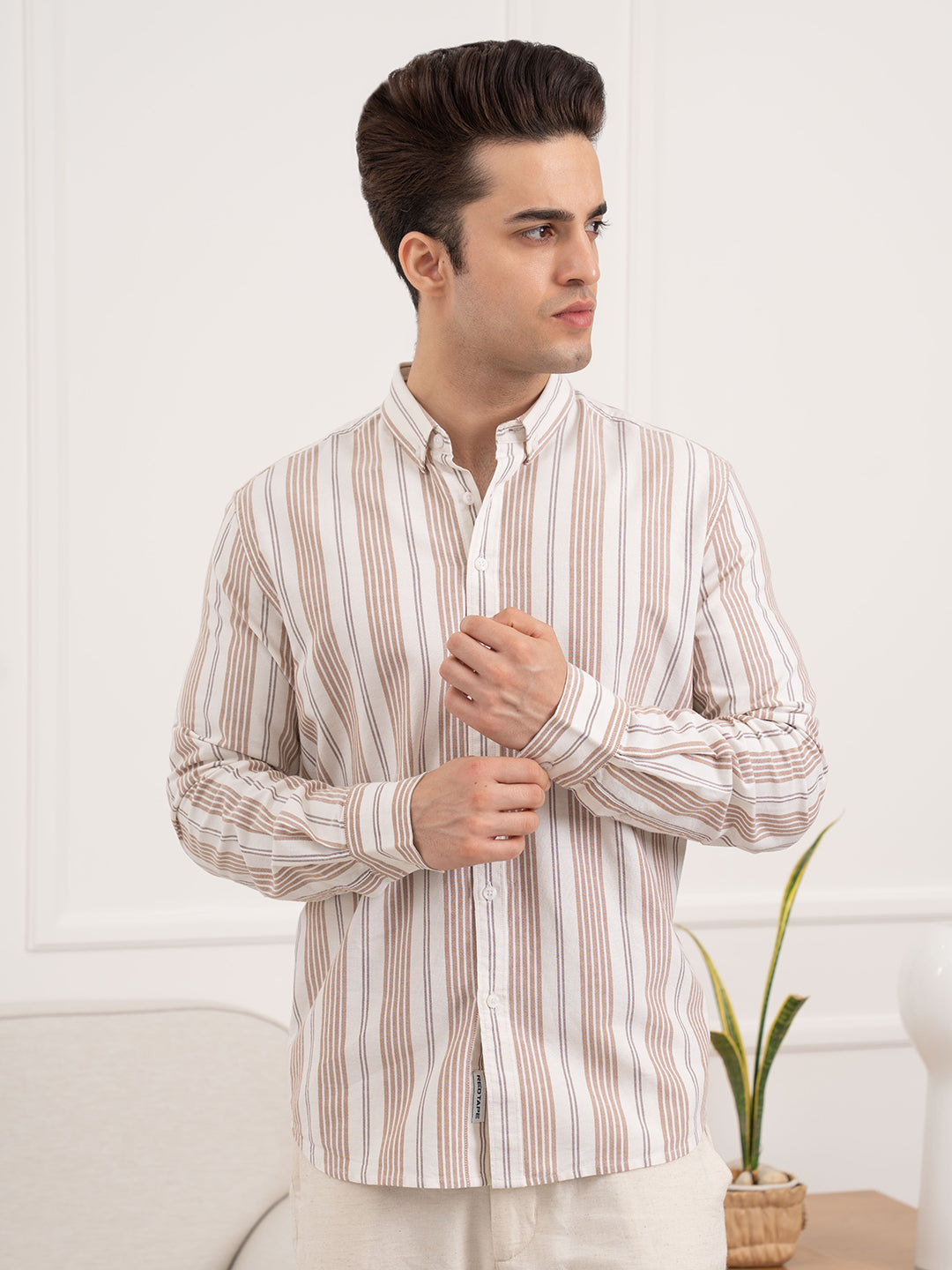 Men's Brown Oxford Striped Shirt | Classic Cotton Sophistication