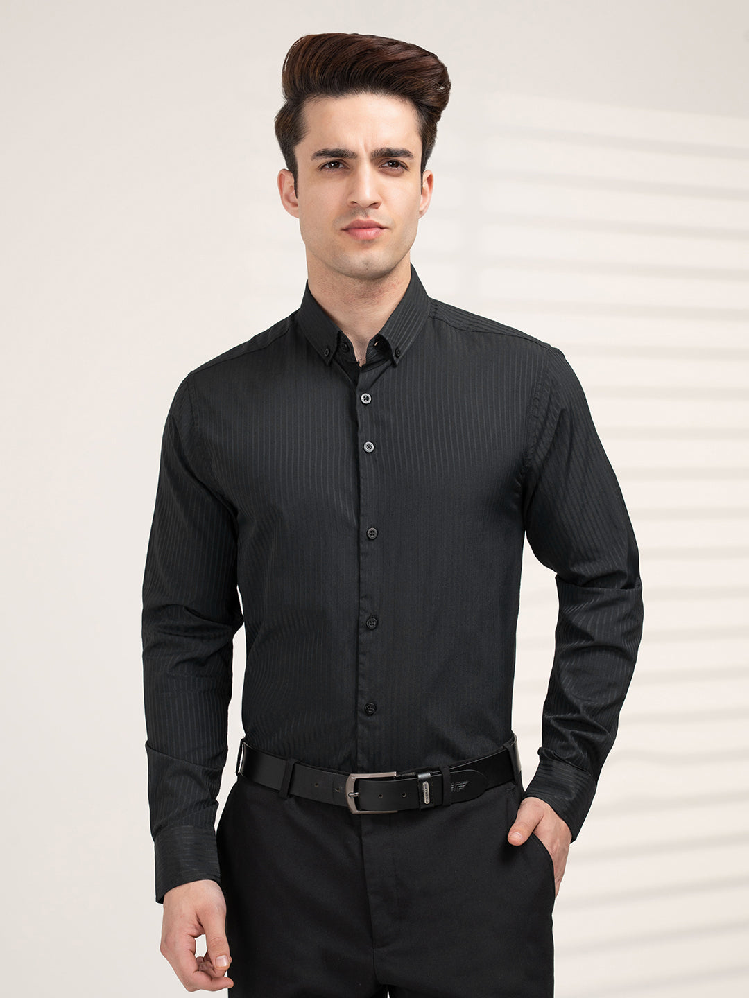 Full Sleeve Black Dobby Shirt for Men | Refined Formal Elegance