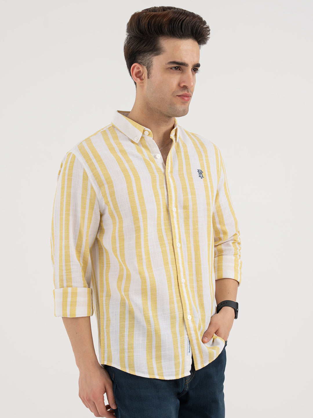 Men's Yellow Casual Stripe Shirt