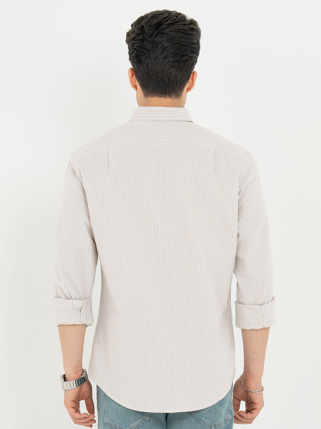 Shirts for Men in Tan | Striped Oxford Full Sleeve Casual Shirt