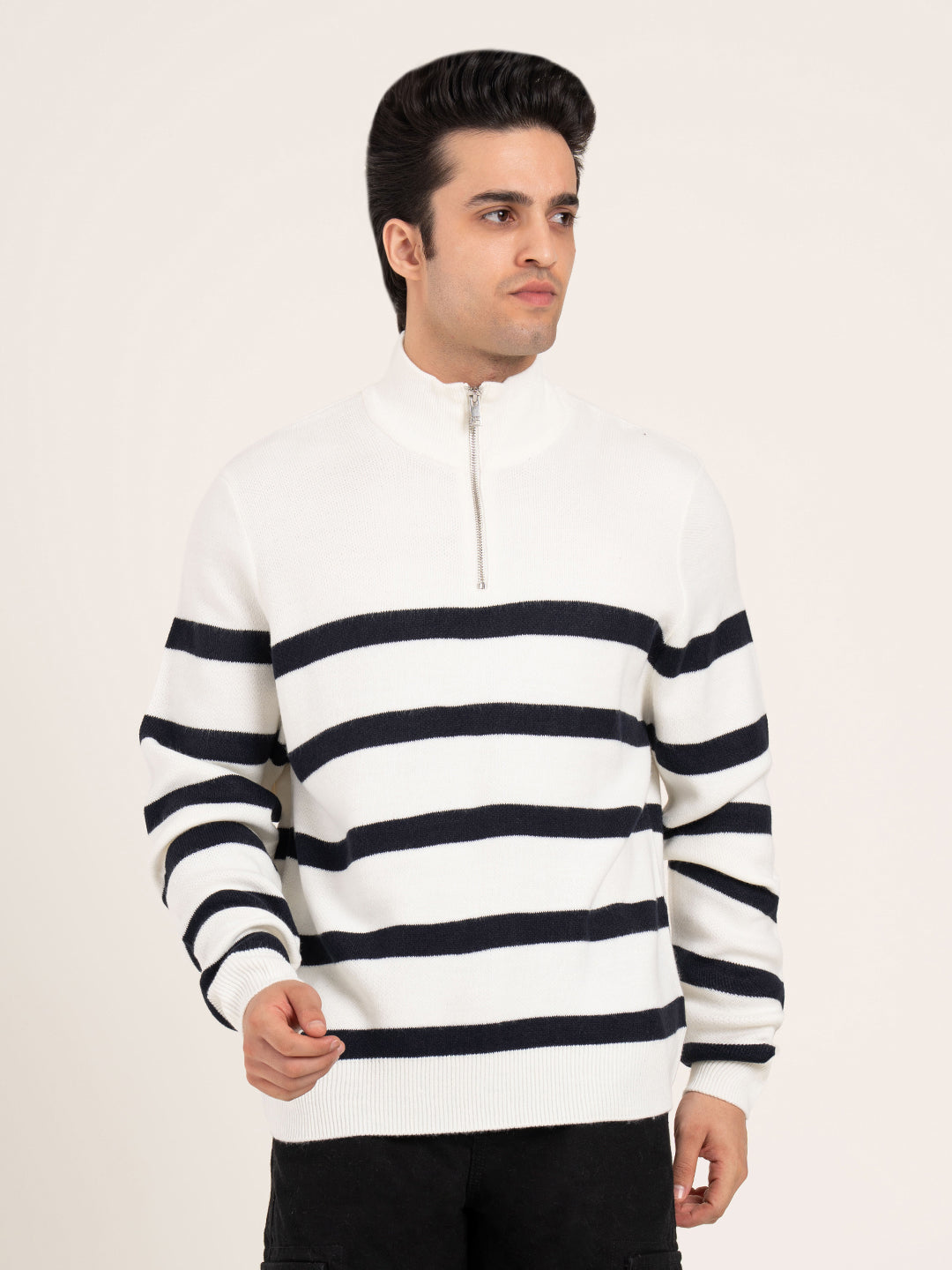 Men's Off-White Half Zip Striped Sweater | Cozy Winter Classic