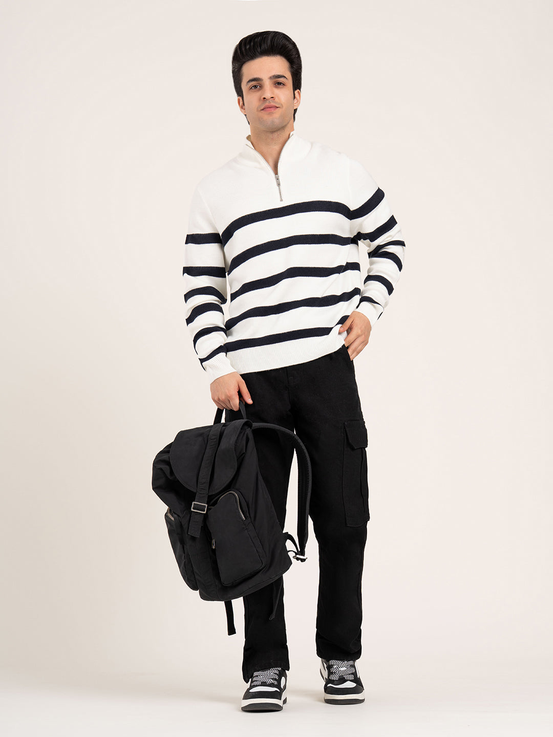 Men’s Off-White Half Zip Striped Sweater | Cozy Winter Classic
