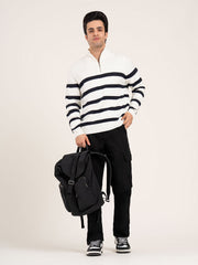 Men's Off-White Half Zip Striped Sweater | Cozy Winter Classic