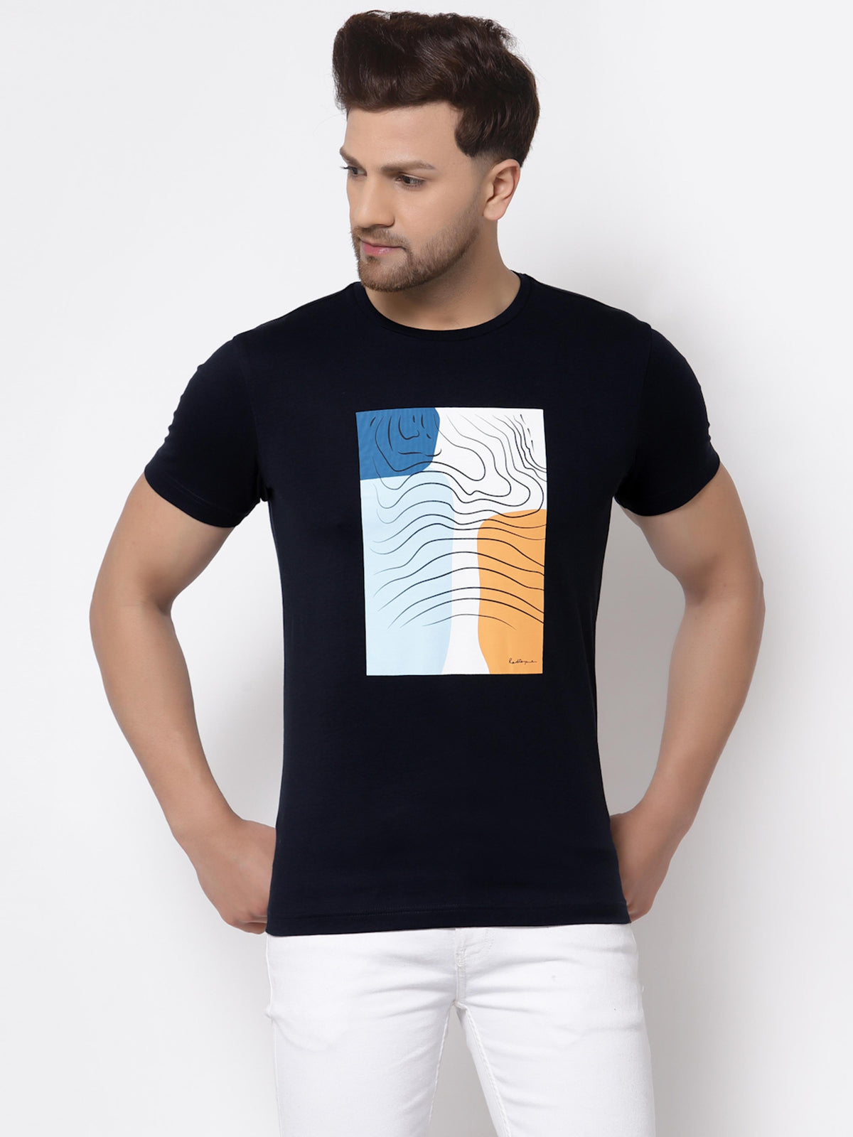 Navy Graphic Print Pure Cotton Men's T-Shirt - S / Navy / 32*27*2.5