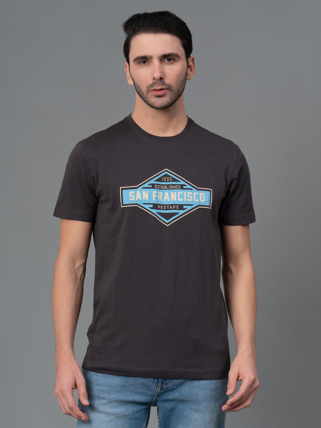 Men Casual Round Neck Space Grey T-Shirt