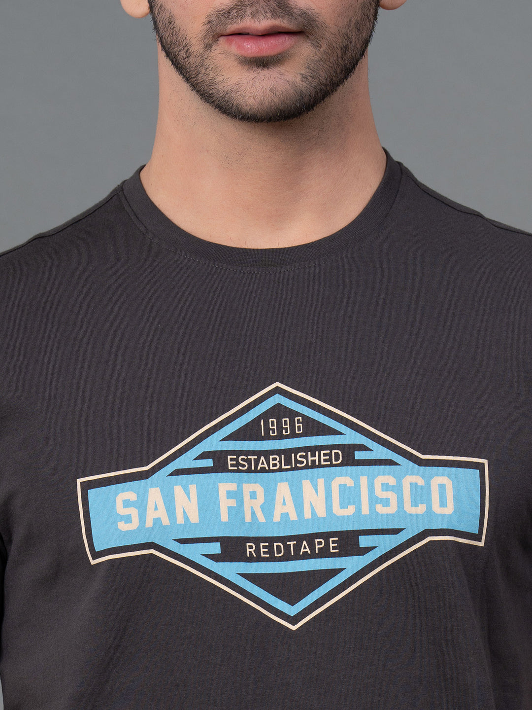 Men Casual Round Neck Space Grey T-Shirt