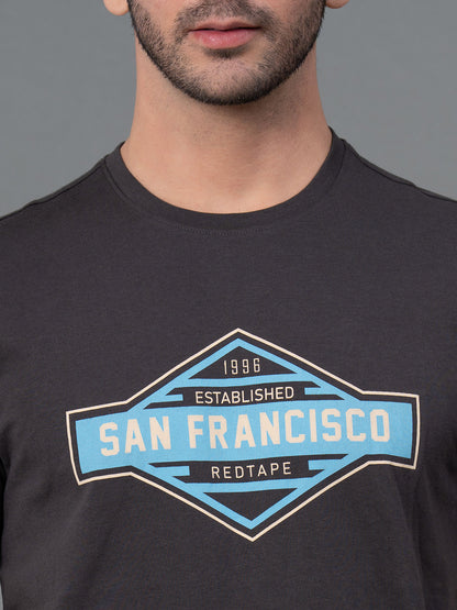 Men Casual Round Neck Space Grey T-Shirt