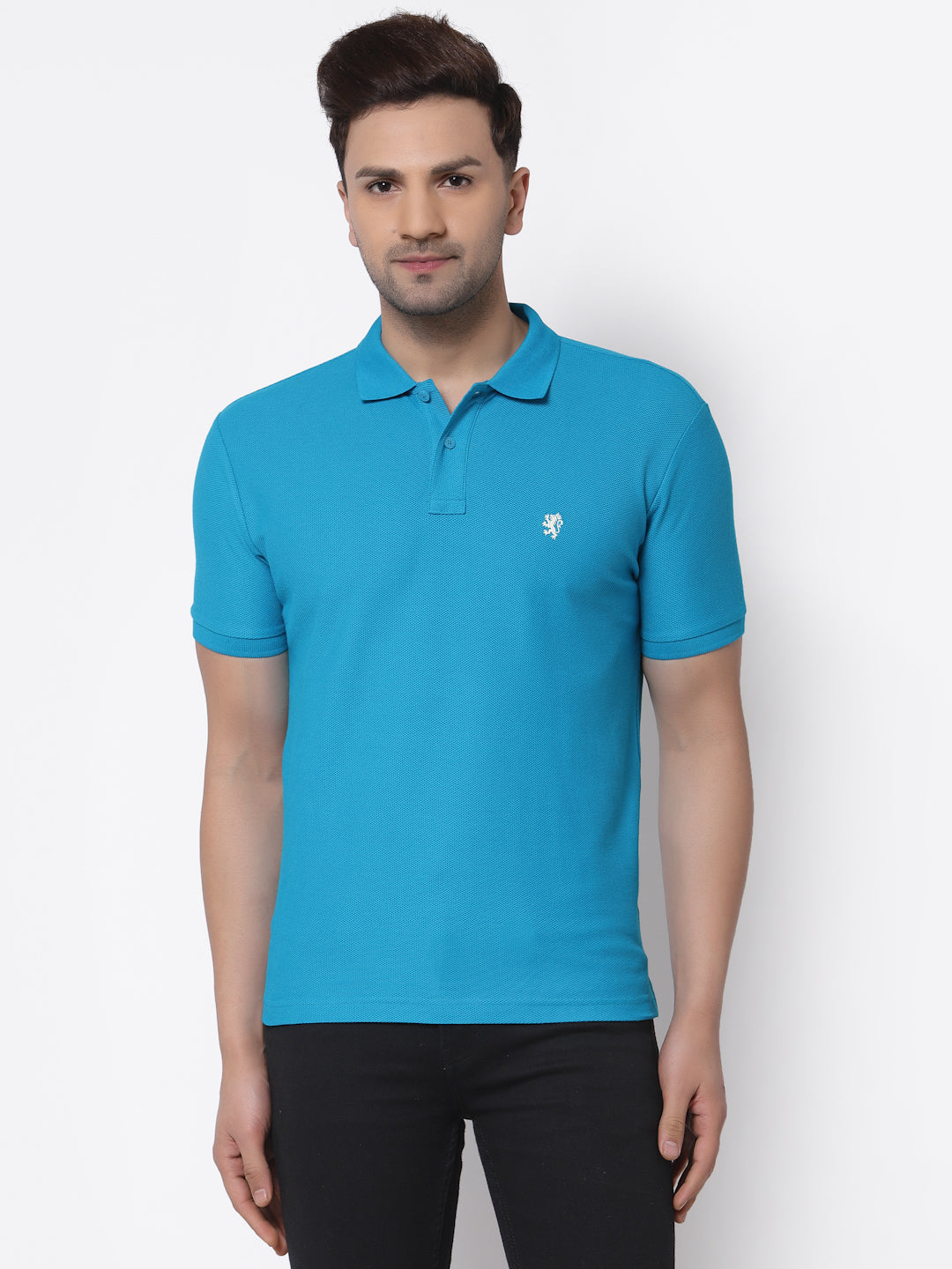 Men's Blue Solid Polo Collar Pure Cotton T-Shirt