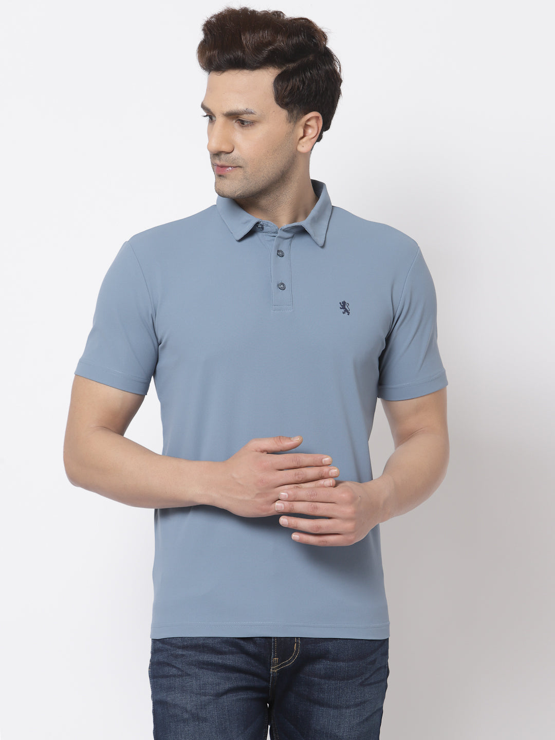 Men Slate Blue Polo Neck T-Shirt