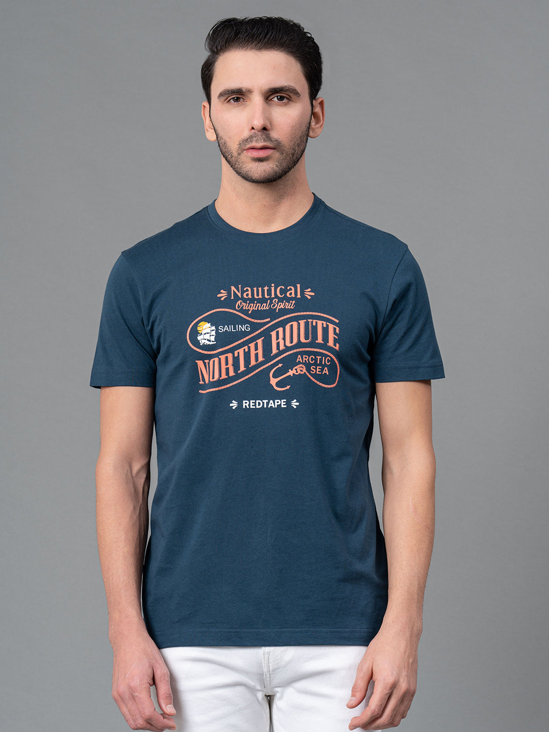 Mens Casual Round Neck Deep Blue T-Shirt
