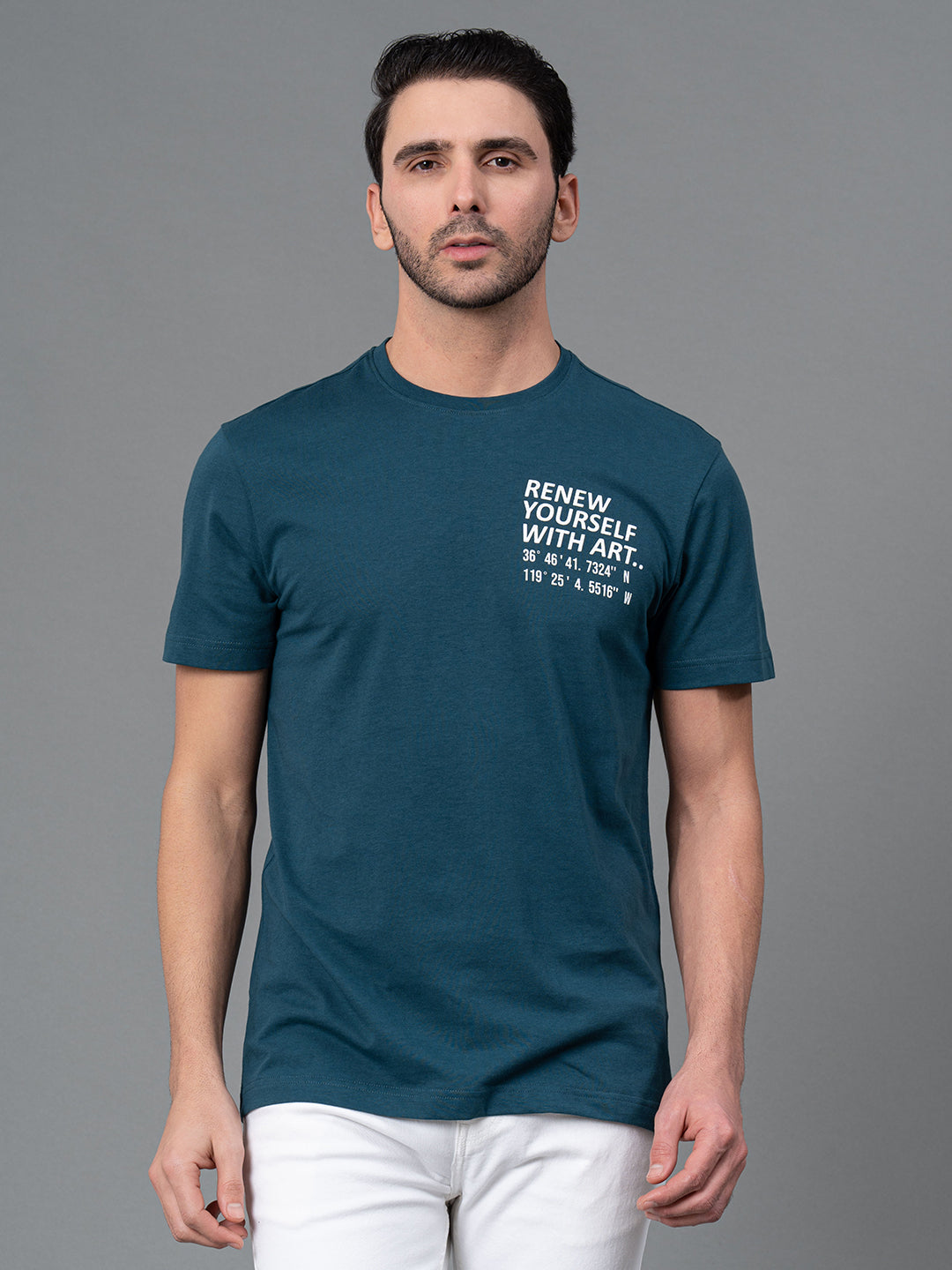 Mens Casual Round Neck Teal T-Shirt