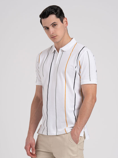 Men White Pure Cotton Vertical Stripe Zipper Polo T-Shirt
