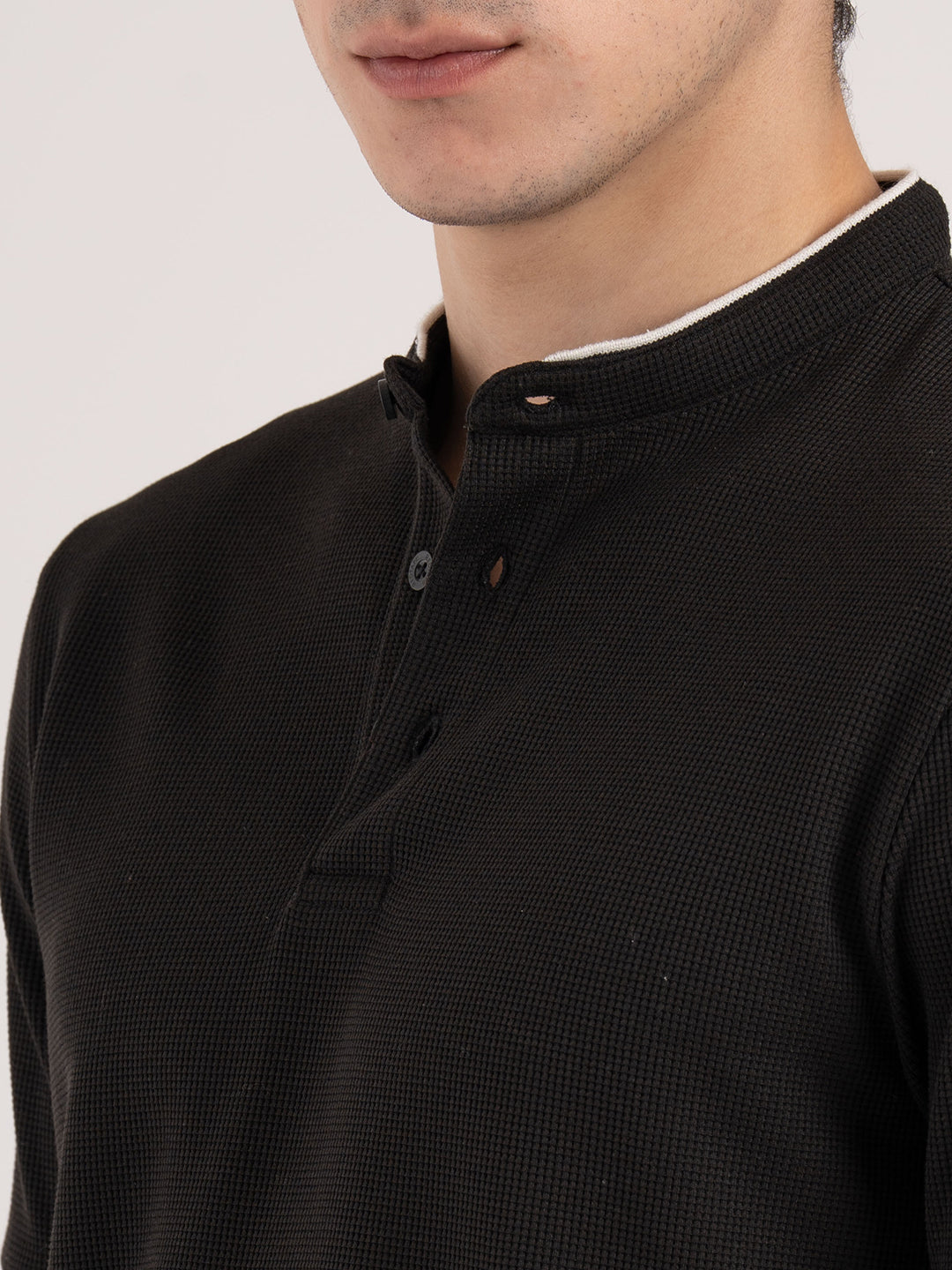 Men Black Waffle Henley Pattern Poly Cotton Spandex Regular Fit T-Shirt