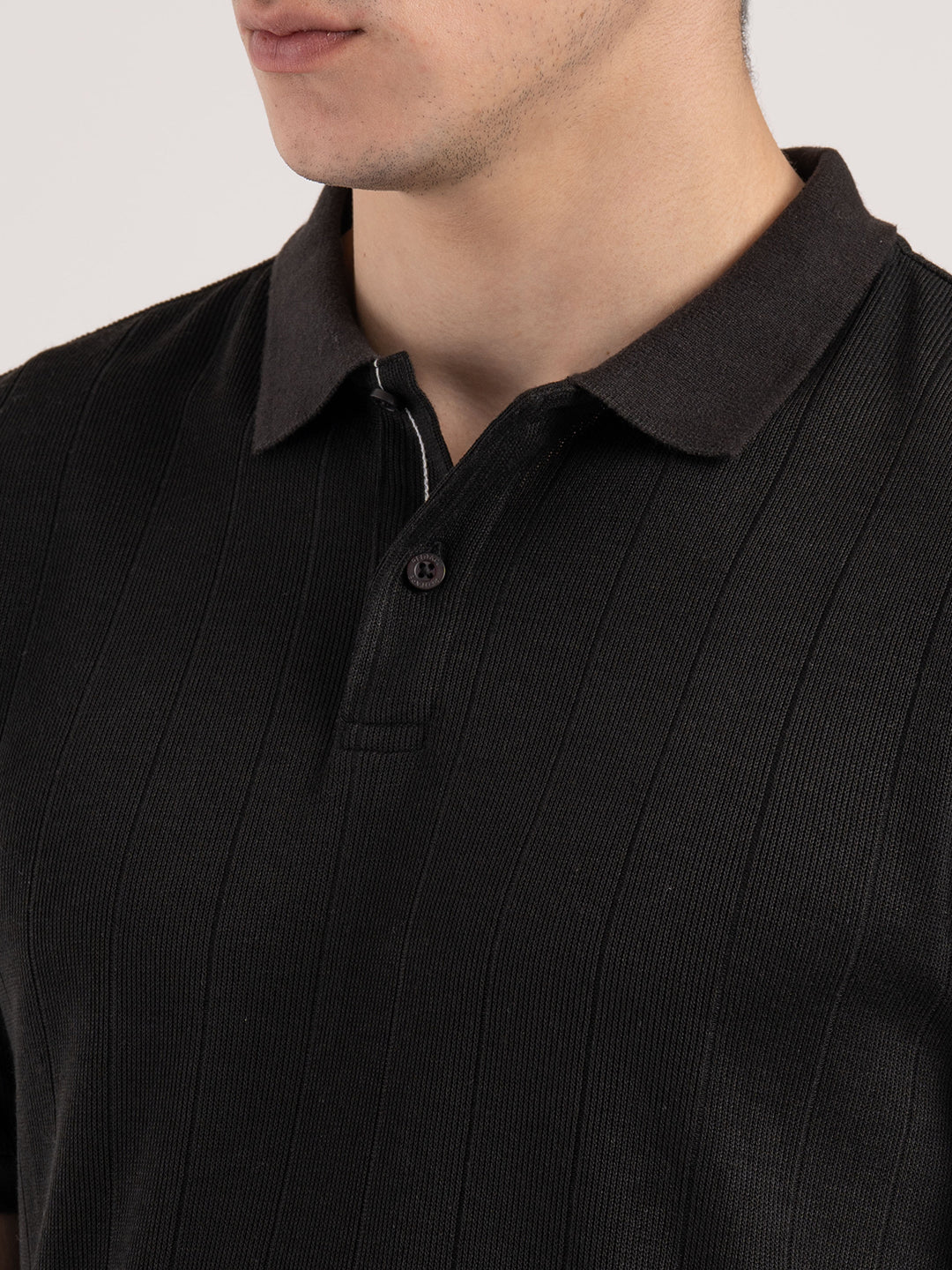 Men Black Structure Pattern Polyester Rayon Polo Collar Regular Fit T-Shirt