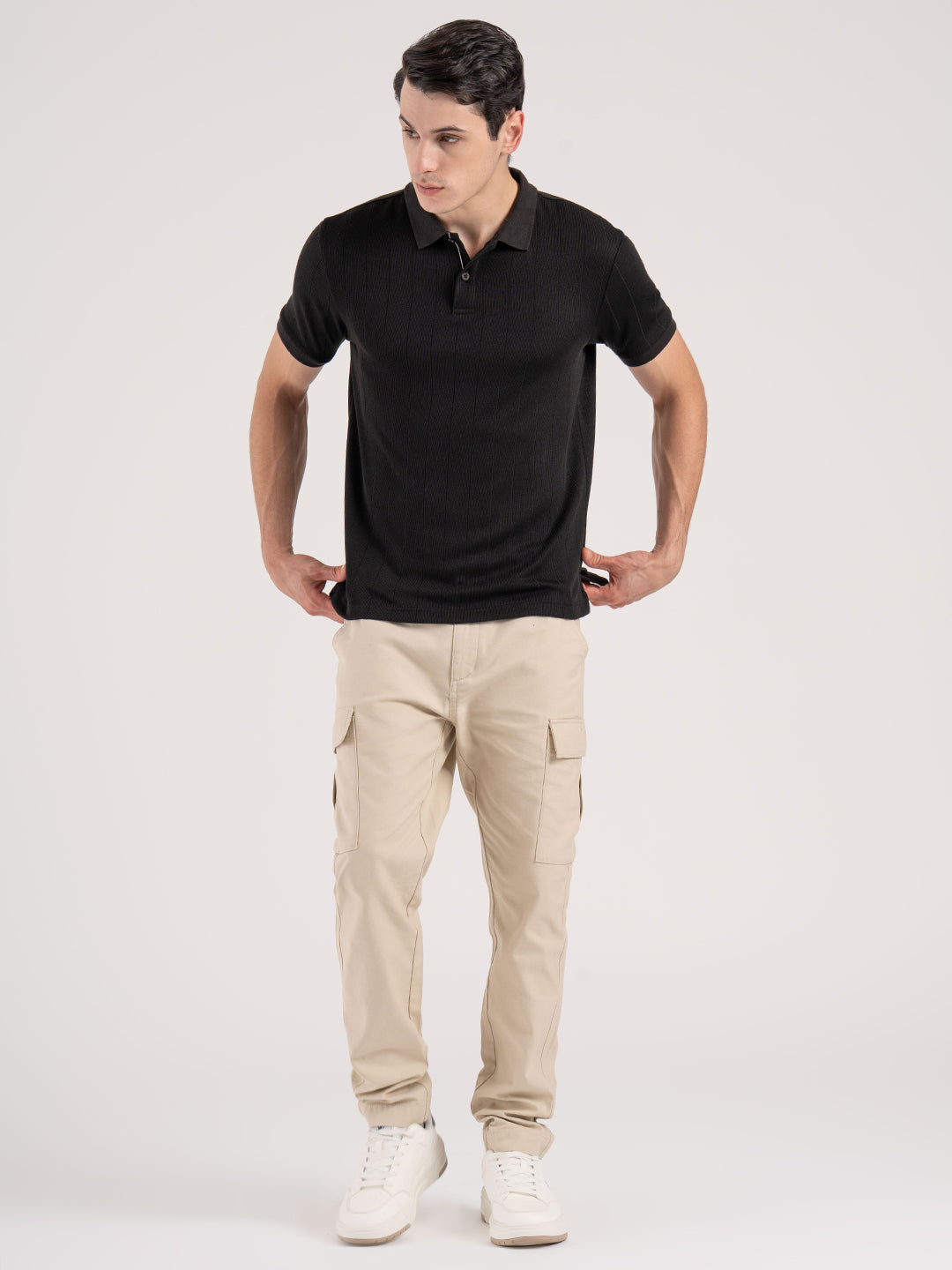 Men Black Structure Pattern Polyester Rayon Polo Collar Regular Fit T-Shirt