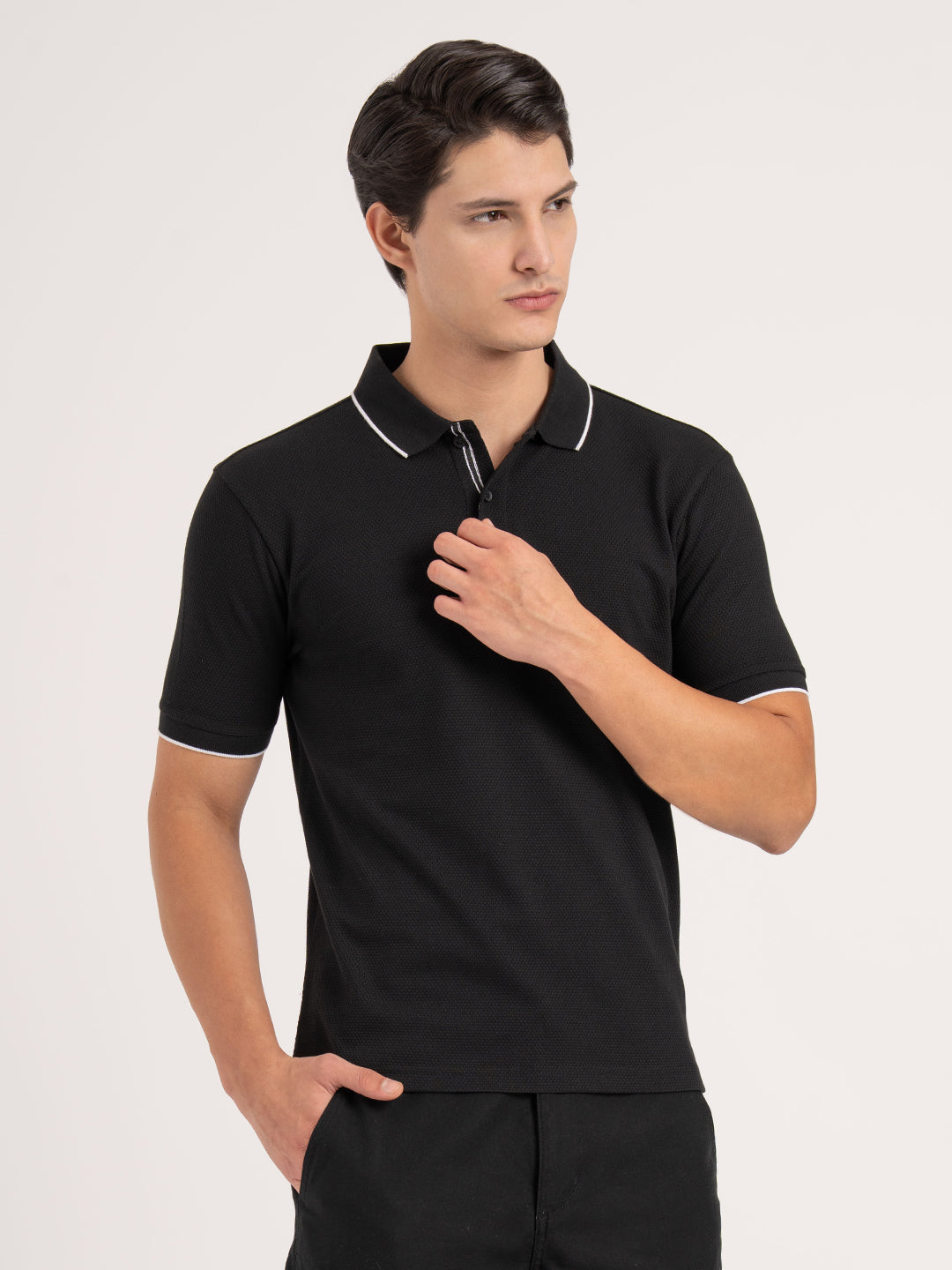 Men Black Self Design  Football Structured  Polo T-Shirt