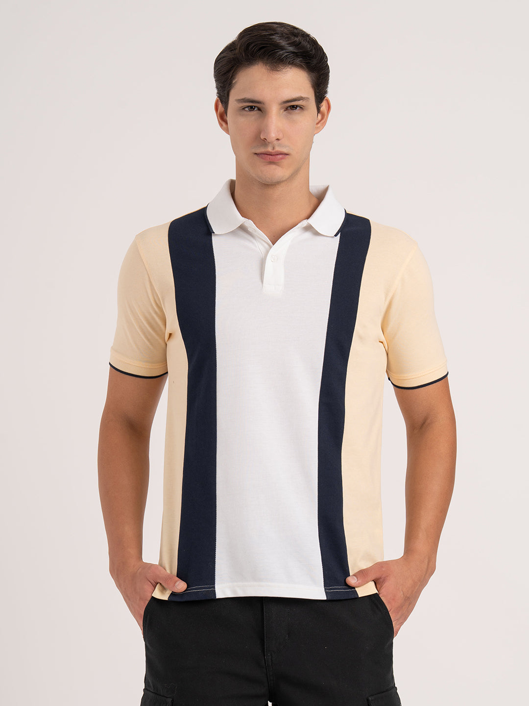Men Light Yellow Color Block Polo T-Shirt