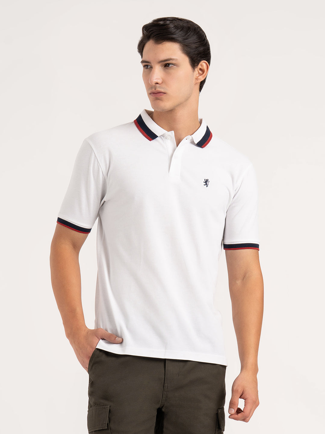 Men White Solid Two-Tone Tipping  Polo T-Shirt