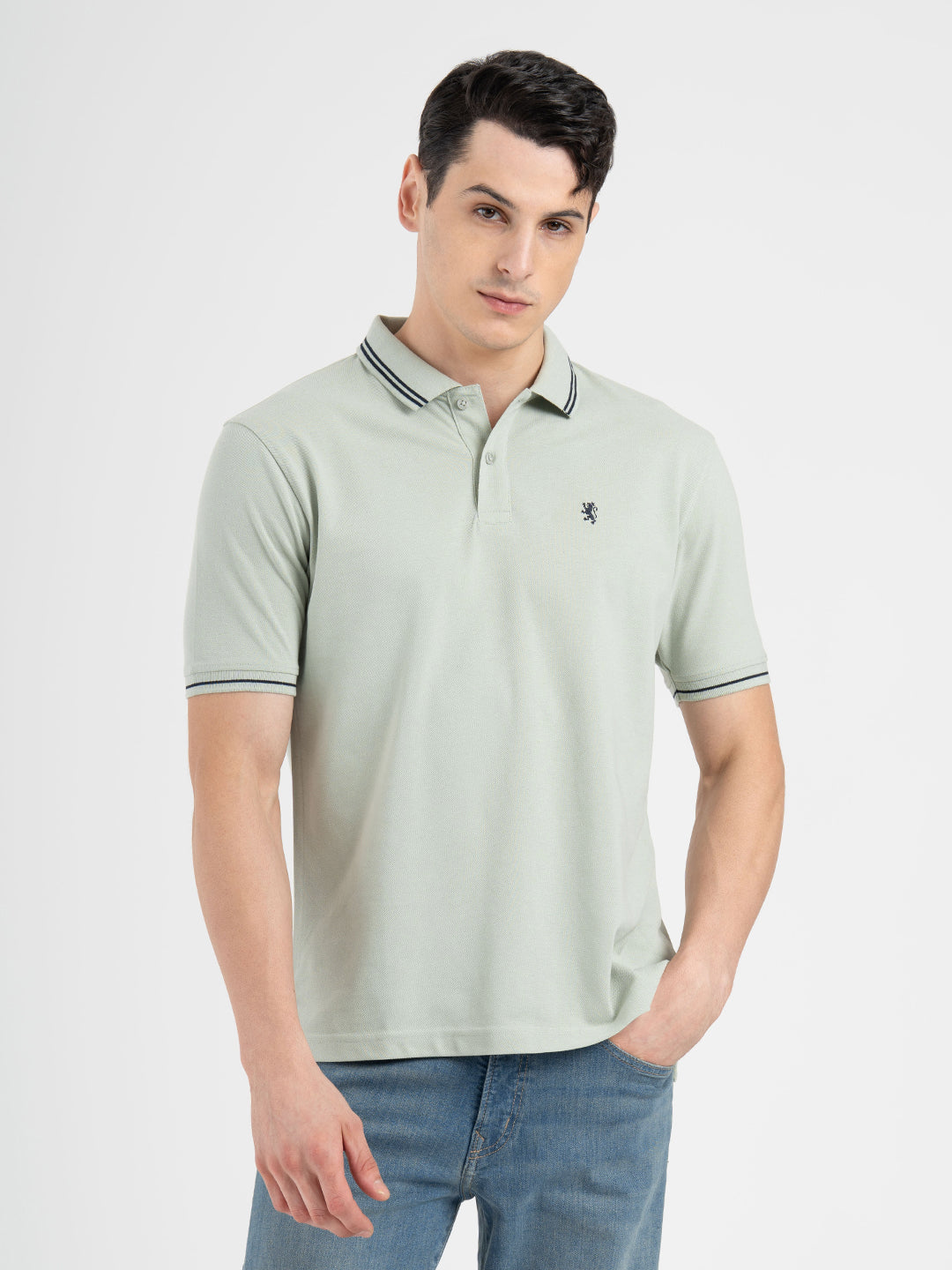 Men Pastel Green Polo Neck Cotton Polyester Solid T-Shirt