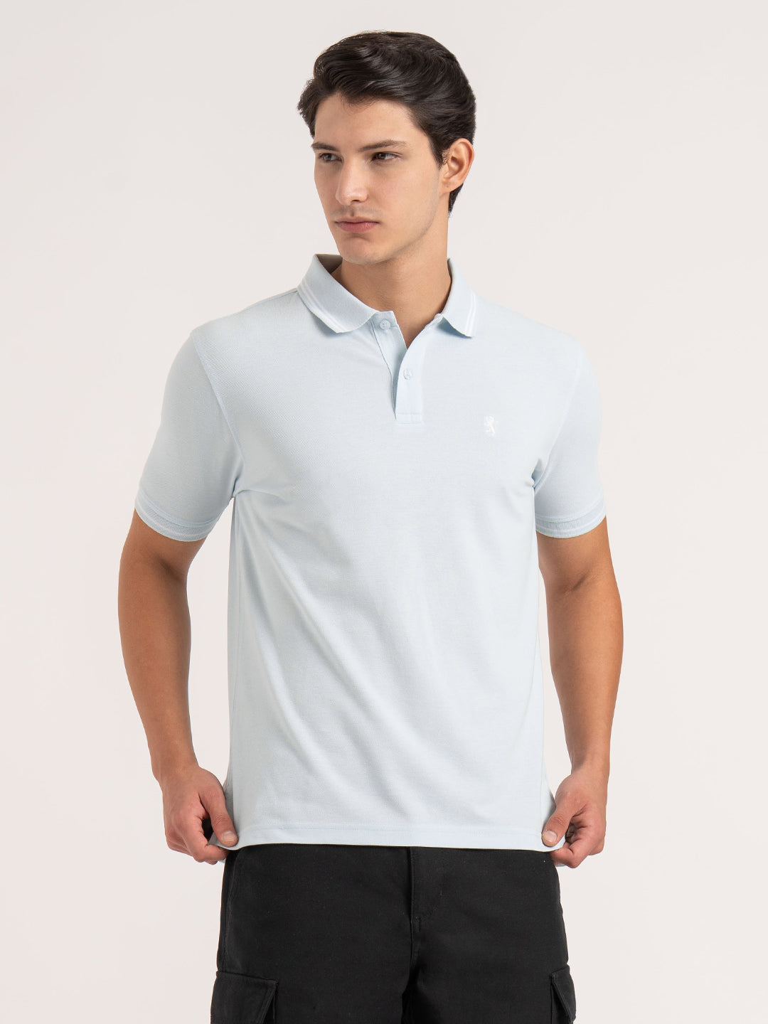 Men Aqua Solid Single Tone Tipping Polo T-Shirt