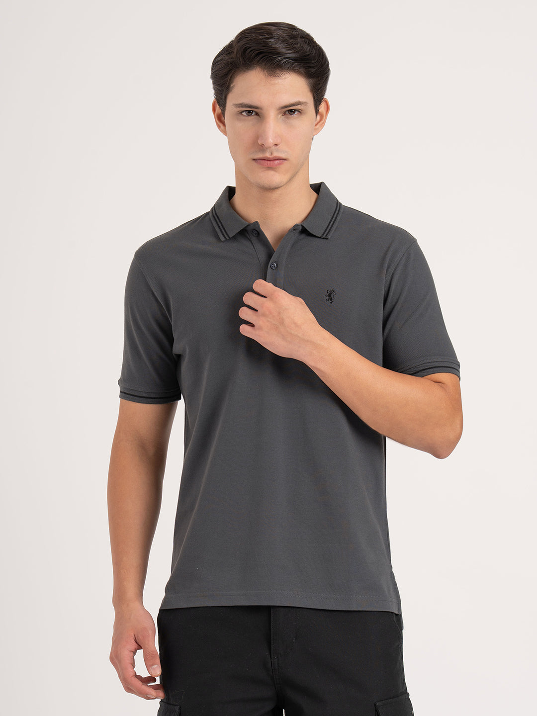 Men Grey Solid Single Tone Tipping Polo T-Shirt