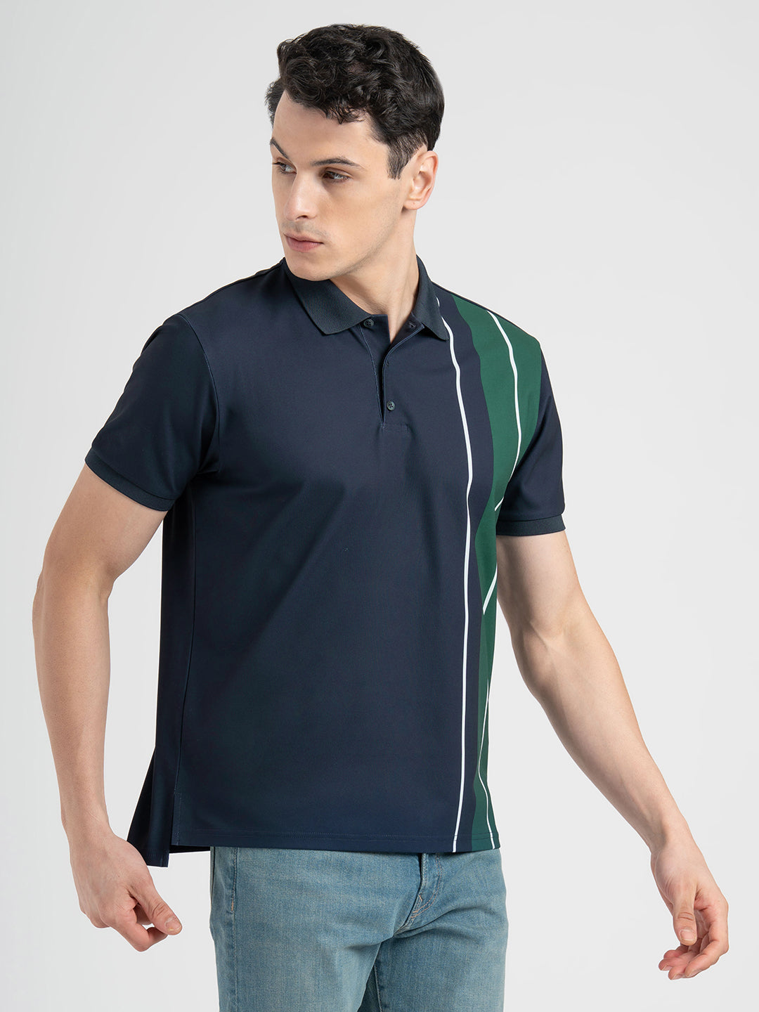 Men's Dark Blue Stripe Sports Polo T-Shirt