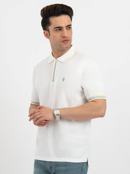 Men White Polo Neck High Stretch Polyester Jacquard Athleisure T-Shirt