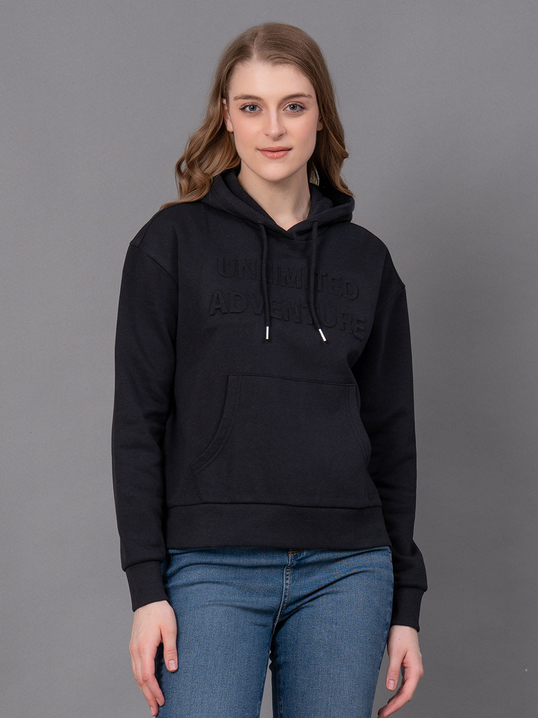 Black Cotton Poly Fleece Embossed Women's Hoodie