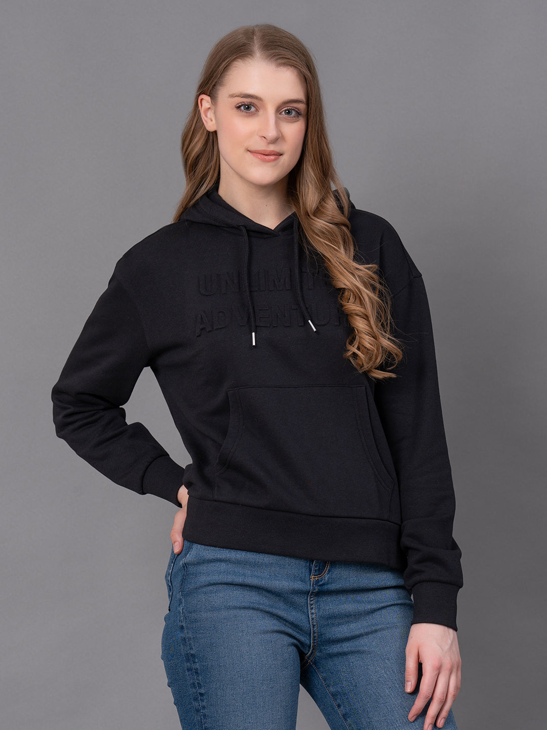 Black Cotton Poly Fleece Embossed Women's Hoodie