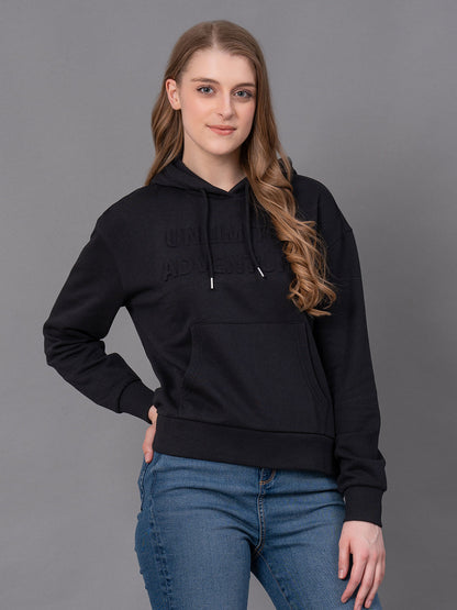 Red Tape Black Cotton Poly Fleece Embossed Women's Hoodie