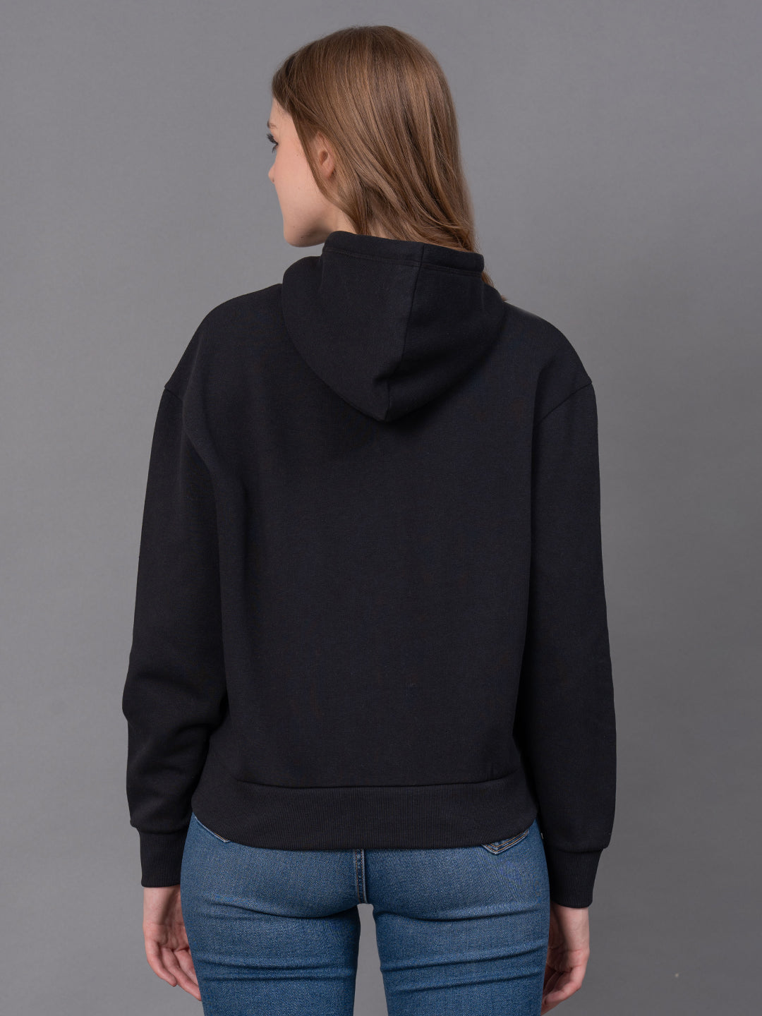 Black Cotton Poly Fleece Embossed Women's Hoodie
