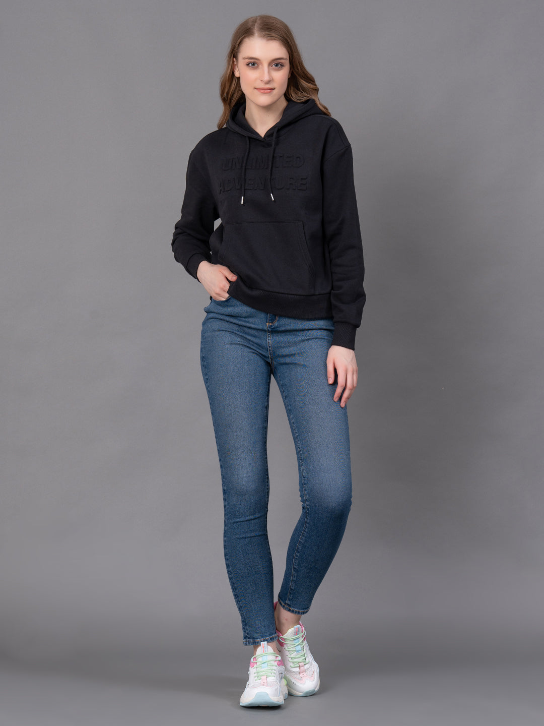 Black Cotton Poly Fleece Embossed Women's Hoodie